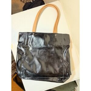 Prune Black Patent Leather Tote Bag Tan Straps Magnetic Snap Closure Large